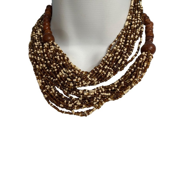Boho Multi-Strand Brown Cream Seed Beads Long Necklace Artisan Made - Picture 4 of 8